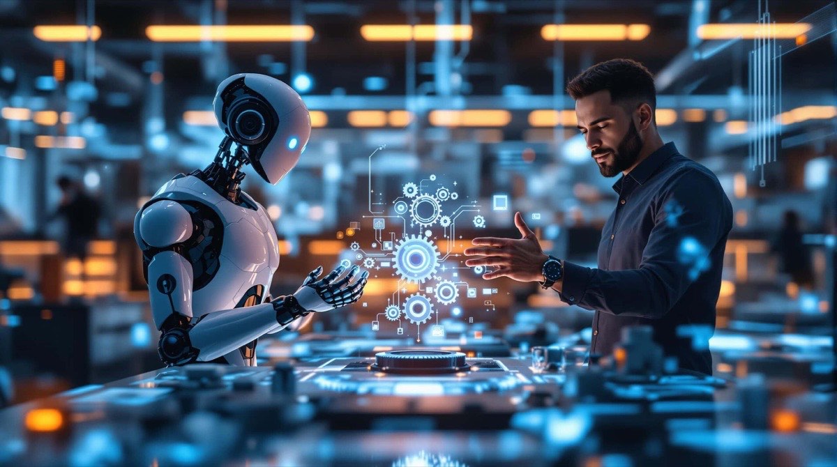 Person collaborating with a humanoid AI robot over a holographic workflow